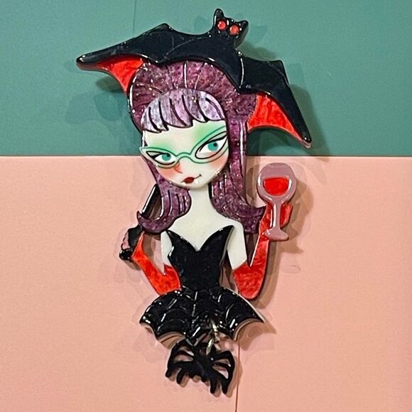 Vintage Pin-up Goth Bat Girl Holding a Wine with Spider Body Enamel Pin Brooch - Picture 1 of 6